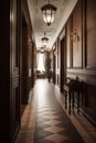 Interior of a hotel room with a long corridor. Colonial, country style Royalty Free Stock Photo