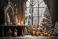 interior of house decorated for Christmas or New Year\'s holiday, gifts, fir tree, winter season Royalty Free Stock Photo