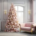The interior of the house: an elegant white and pink Christmas tree. Xmas tree as a symbol of Christmas of the birth of the Savior