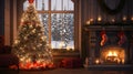 Interior of the house fireplace Christmas tree gifts. Xmas tree as a symbol of Christmas of the birth of the Savior