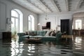 Interior of the house flooded with water. Generative AI