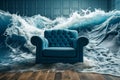 Interior of the house flooded with water. Water floods the room with the armchair. Mental health concept, safe place. Panic attack