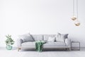 Interior house with simple white background mock up. grey velvet sofa with green plaid on . modern space concept. 3d render. Illus Royalty Free Stock Photo