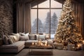 interior of house with sofa and candles, decorated for Christmas or New Year holidays, gifts, Christmas tree, winter season