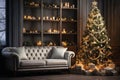 interior of house with sofa and candles, decorated for Christmas or New Year holidays, gifts, Christmas tree, winter season