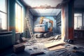 Interior house under construction. Construction site decoration. Yellow digger. Real estate