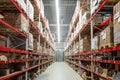 interior of a huge warehouse with long red racks and cardboard boxes, blurred photography, defocus