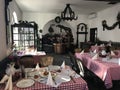 Interior of a Hungarian restaurant in Transylvania, with wooden fountain inside