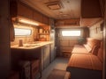 Interior illustration of a camper van. Basic furniture and basic needs are provided.