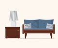 Interior illustration - sofa, bedside table and table lamp. Vector.