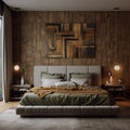 Bedroom interior with timber pattern bed head