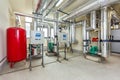 Interior of an industrial boiler room, automatic control panel with many sensors, indicators and valves