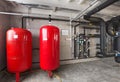 Interior of industrial, gas boiler room with boilers; pumps; sensors and a variety of pipelines Royalty Free Stock Photo