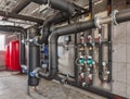 Interior of industrial, gas boiler room with boilers; pumps; sensors and a variety of pipelines Royalty Free Stock Photo