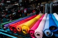 Interior of an industrial warehouse with fabric rolls samples. Small business textile colorful warehouse. Royalty Free Stock Photo