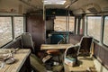 Interior inside of abandoned forgotten remote rural idyllic isolated magic bus schoolbus in Hunavatn Northern Iceland