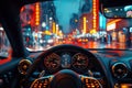 interior inside the cabin of modern car close up. Dashboard and steering wheel with a view through windshield of night Royalty Free Stock Photo