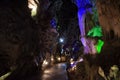 Interior inside cavern of Wat Tham Nam or Water Cave Temple for thai people visit respect praying blessing ancient buddha and