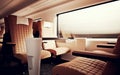 Interior Inside First Class Cabin Modern Speed Express Train.Nobody Brown Chairs Window.Comfortable Seats and Table Royalty Free Stock Photo