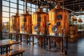 interior inside a modern beer bar at craft brewery with metal tanks for beer Royalty Free Stock Photo
