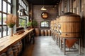 interior inside modern beer bar at a craft brewery with wooden tanks barrel for beer production Royalty Free Stock Photo