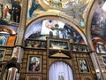 Interior inside the old orthodox Christian church in a Muslim Arab Islamic country with icons, prayers, god murals, ornaments, pai Royalty Free Stock Photo