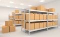 Interior inside a warehouse with shelves, racks and boxes 3d render