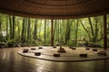 Interior of a Japanese garden with bamboo roof. 3D rendering, AI Generated