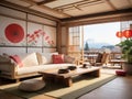 Interior of a Japanese-style living room with a wooden sofa, a coffee table Royalty Free Stock Photo