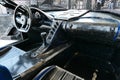 Interior of junkyard masterwork replica of Bugatti Chiron sport car made of scrap metal