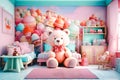 Interior of kid bedroom with cute bear doll and toys, generative AI