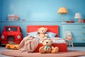 Interior of kid bedroom with cute bear doll and toys, generative AI