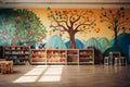 Interior of kindergarten preschool classroom. Walls painted with fabulous paintings, bright desks and chairs, shelves