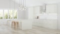 The interior of the kitchen in a private house. Bright kitchen with island.