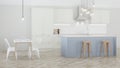The interior of the kitchen in a private house. White kitchen with a blue island. Royalty Free Stock Photo