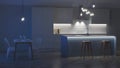 The interior of the kitchen in a private house. White kitchen with a blue island. Night. Evening lighting.