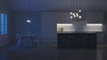 The interior of the kitchen in a private house. White kitchen with a blue island. Night. Evening lighting.