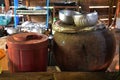 Interior Kitchen room of ancient wooden house or antique wood home in Ban Taphoen Khi Karen Village top of Khao Thewada mountain Royalty Free Stock Photo