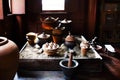 Interior Kitchen room of ancient wooden house or antique wood home in Khum Khun Phaen garden park in Wat Khae temple for thai Royalty Free Stock Photo