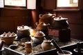 Interior Kitchen room of ancient wooden house or antique wood home in Khum Khun Phaen garden park in Wat Khae temple for thai Royalty Free Stock Photo