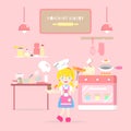 The interior kitchen room homemade bakery,girl with apron,furniture and kitchenware oven, shelf, machine in pink theme background