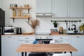 Interior of kitchen in rustic style with vintage kitchen ware and wooden wall. White furniture and wooden decor in