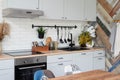 Interior of kitchen in rustic style with vintage kitchen ware and wooden wall. White furniture and wooden decor in