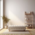 Interior with knitted ottoman and ladder shelf in modern living room with wooden panelling and empty mockup wall