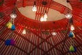 Interior of Kyrgyz traditional yurt in Kyrgyzstan. National traditional decoration of the ceiling and walls of the Kyrgyzstan Yurt