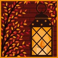 Interior landscape autumn lantern decorated with autumn leaves, cartoon