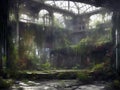 interior of a large abandoned derelict building overgrown with trees and plants, apocalyptic fantasy concept art Royalty Free Stock Photo