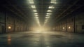 Interior of a large abandoned industrial facility. Dimply lit decommissioned military base or unused warehouse. Generative AI
