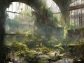 interior of a large abandoned old derelict building with plants growing up the walls and rubble Royalty Free Stock Photo