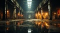 The interior of a large abandoned warehouse. AI Generated. Royalty Free Stock Photo